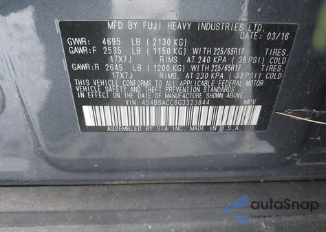 2016 Subaru Outback 2.5I Premium from USA, damaged, VIN 4S4BSACC6G3323844